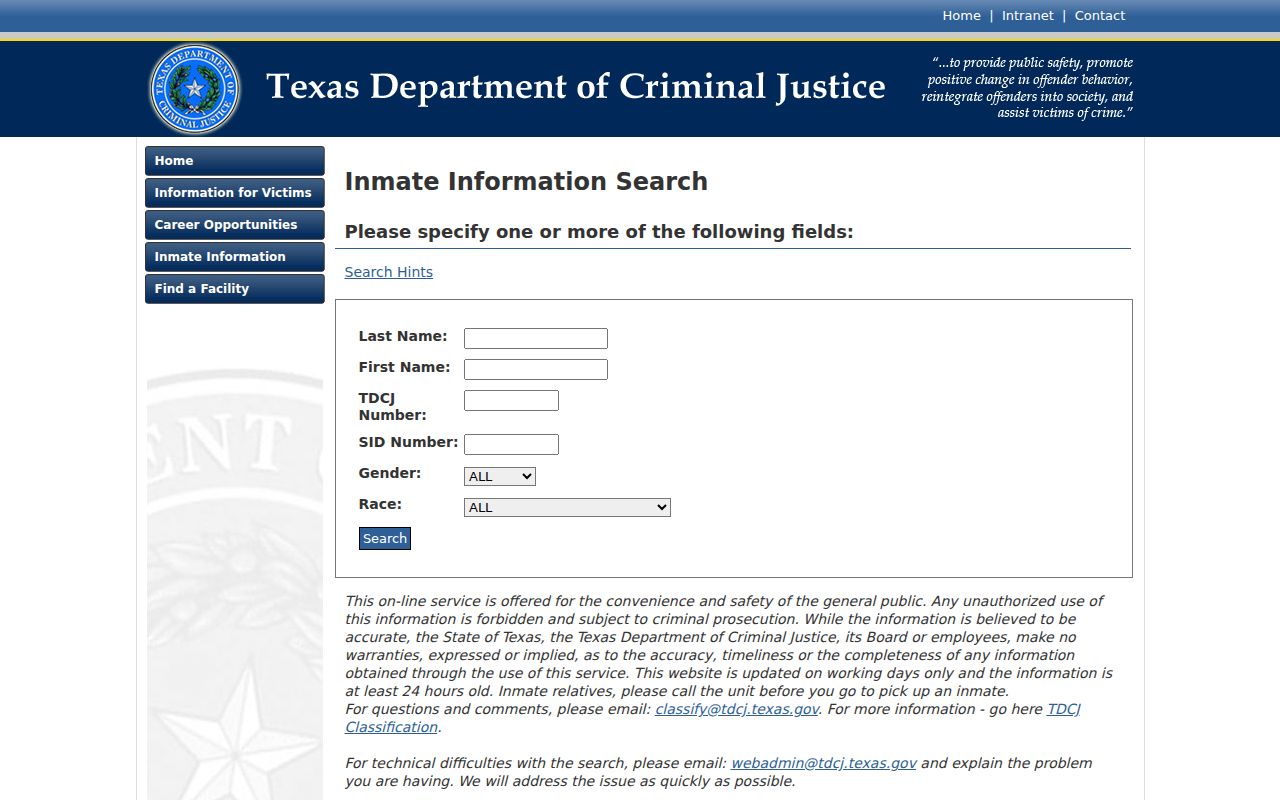 Oldham County arrest history TDCJ inmate locator search form
