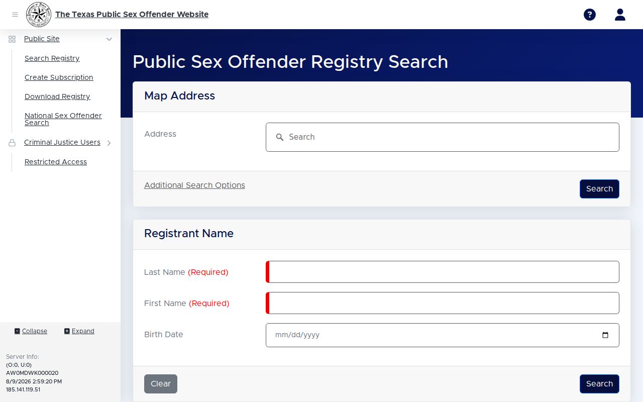 Oldham County sex offender registry name search interface